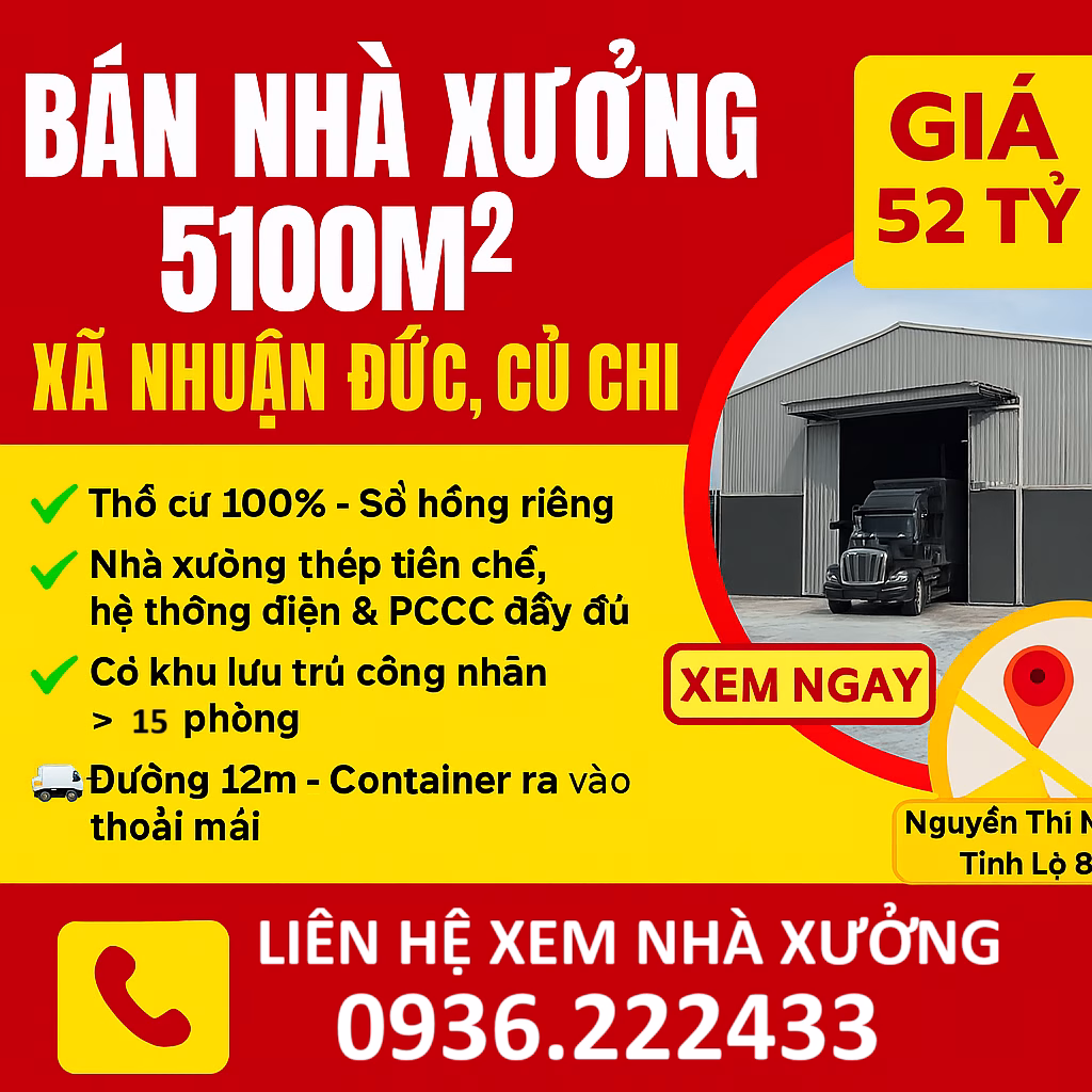 BÁN NHÀ XƯỞNG CỦ CHI 5100M2